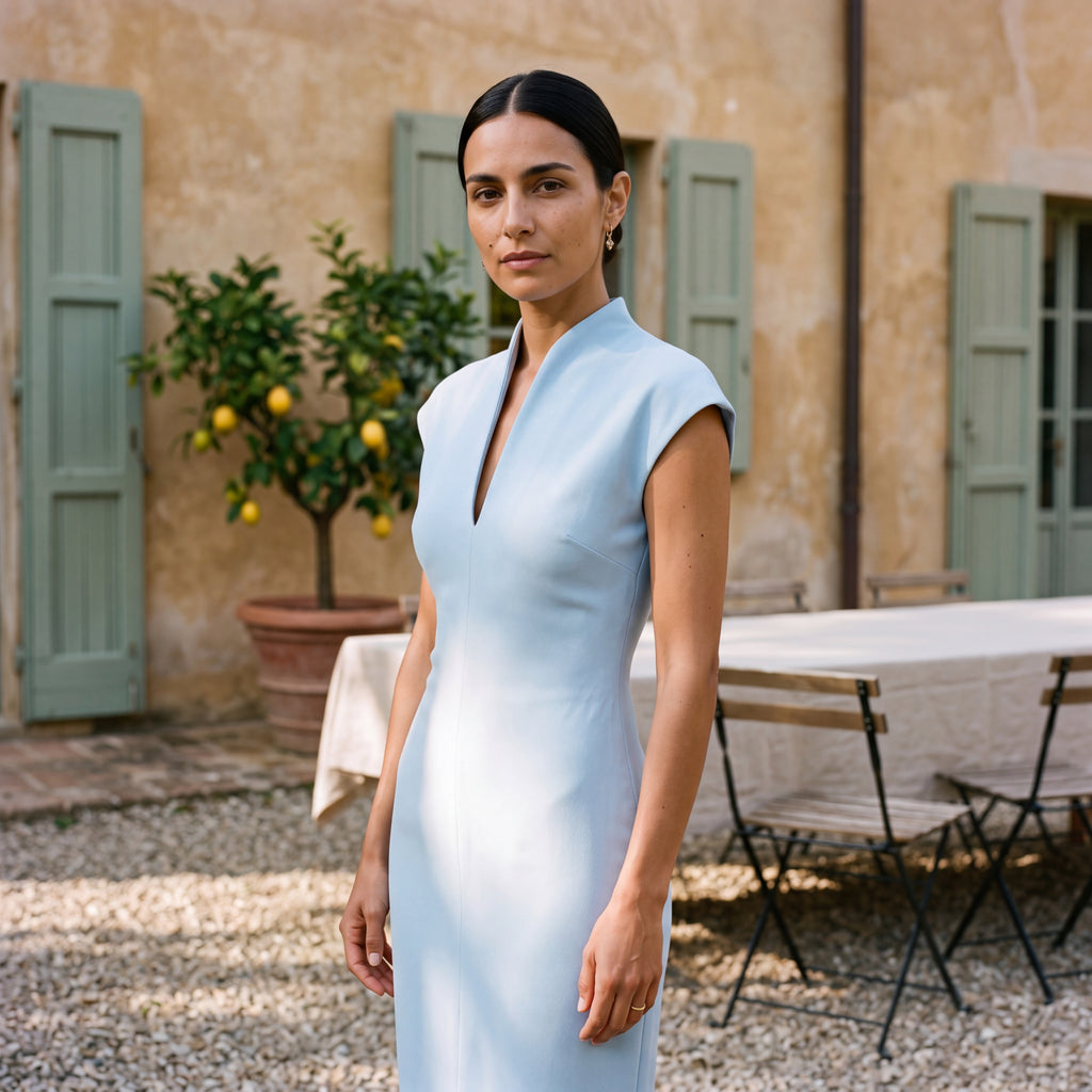 Alessia – Lang søjlekjole med høj hals og V-udskæring