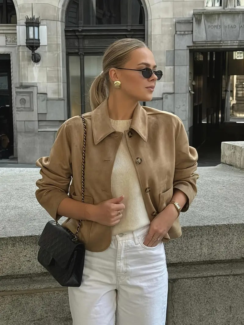 Tecla | Ruskindsjakke i camel med knapper