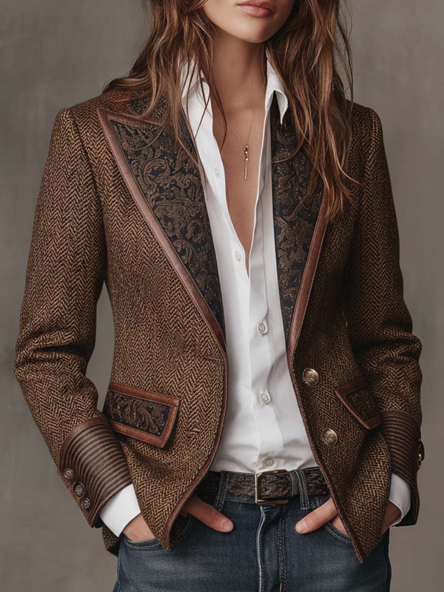 Blazer i sildebensmønster med printede paneler