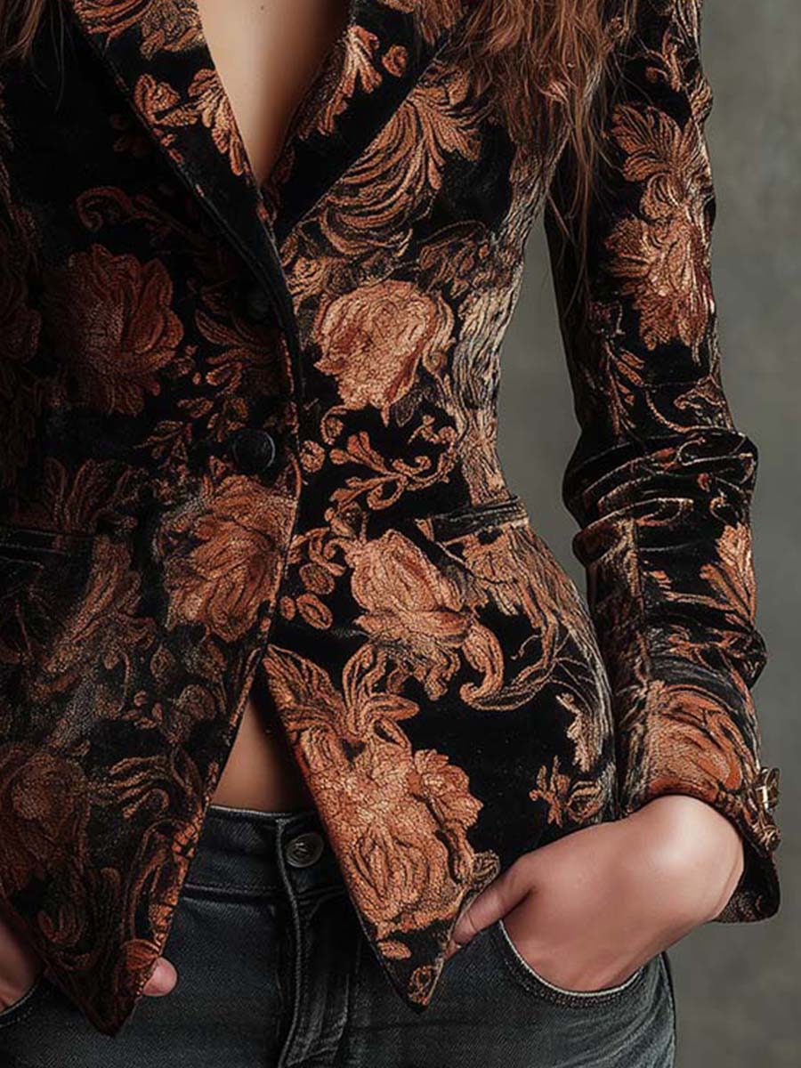 Skræddersyet blazer med sort og bronzefarvet blomsterprint