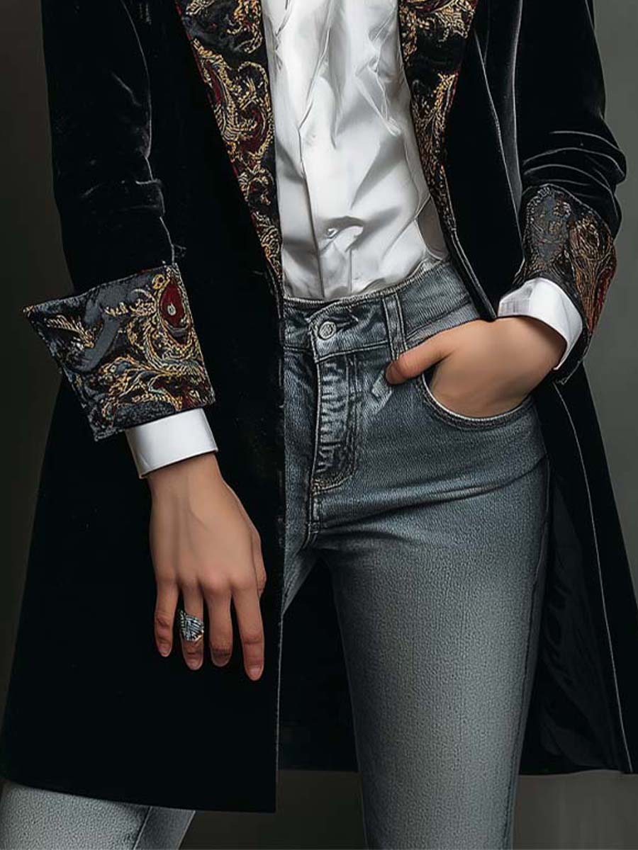 Sort slim fit-blazer med reverser og barokprint