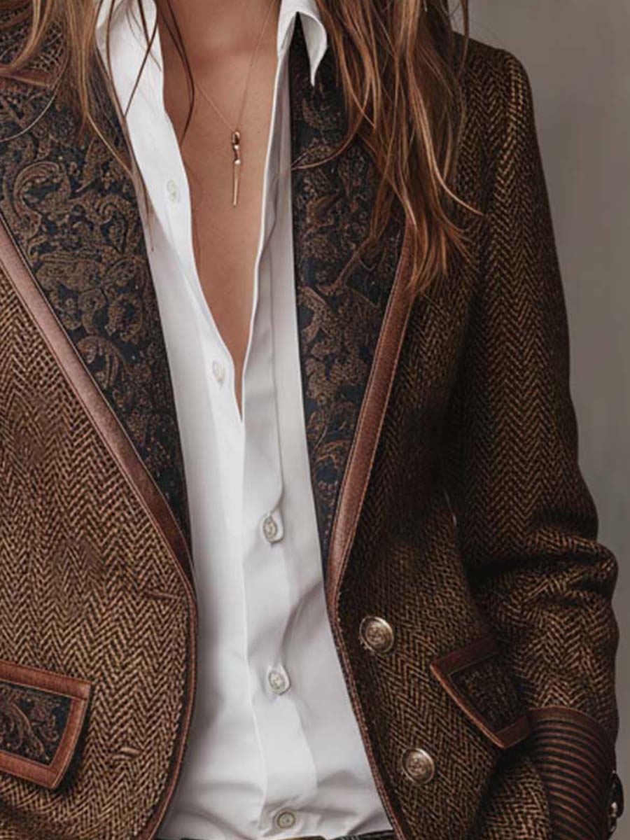 Blazer i sildebensmønster med printede paneler