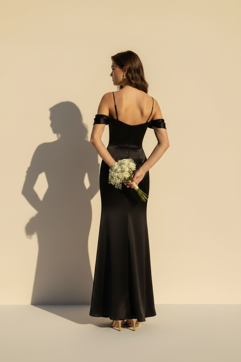 Aurélie | Off shoulder maxikjole i satin med slæk i sort