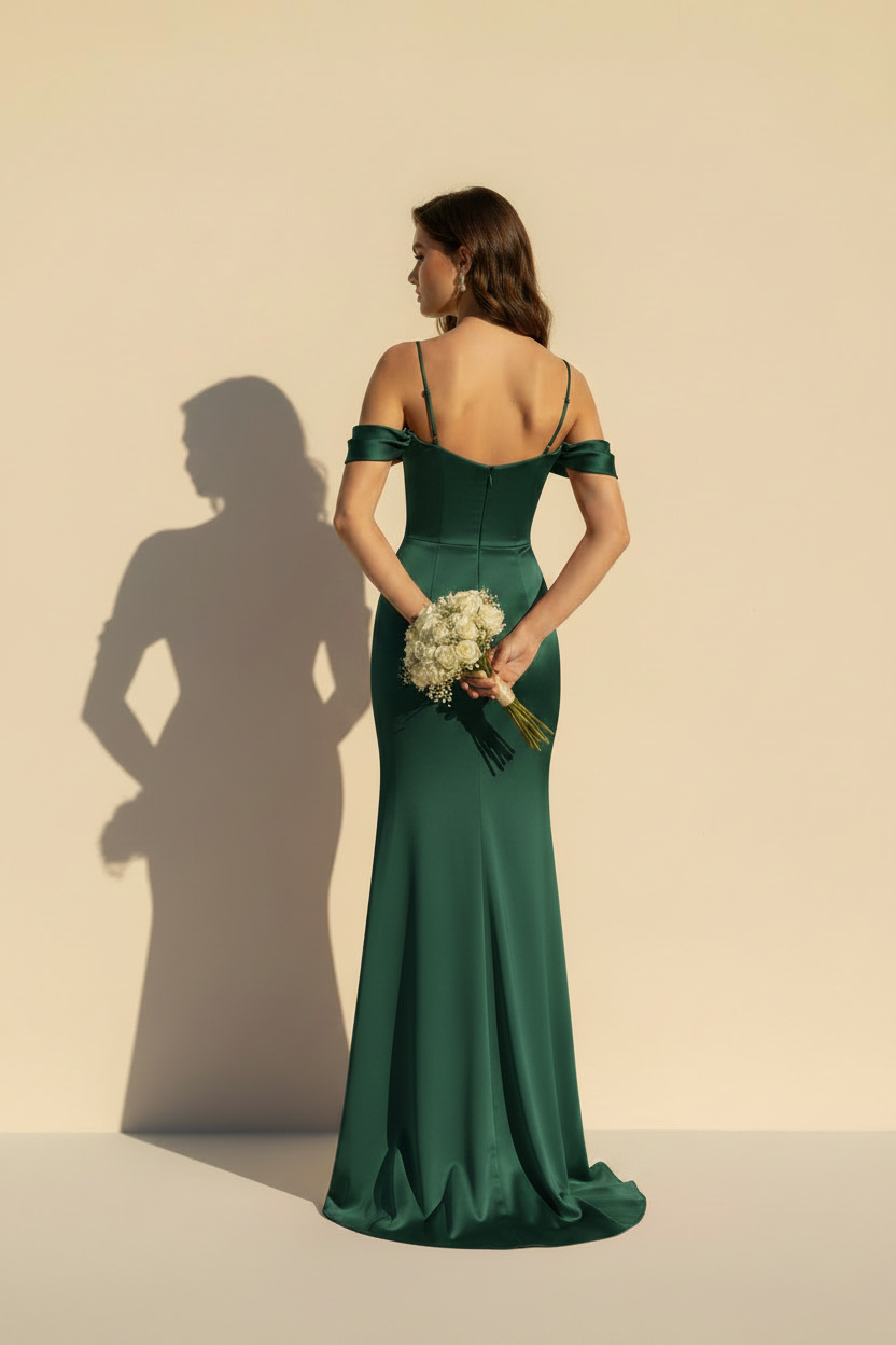 Aurélie | Off shoulder maxikjole i satin med slæk i olivengrøn