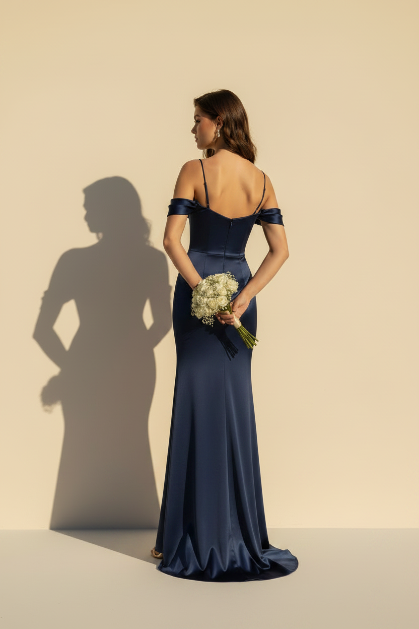 Aurélie | Off shoulder maxikjole i satin med slæk i marineblå