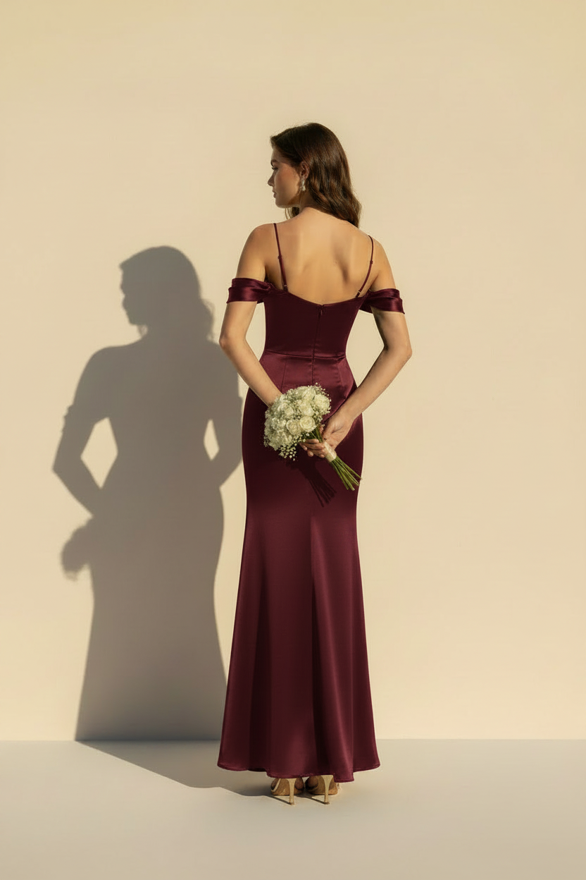 Aurélie | Off shoulder maxikjole i satin med slæk i bordeaux