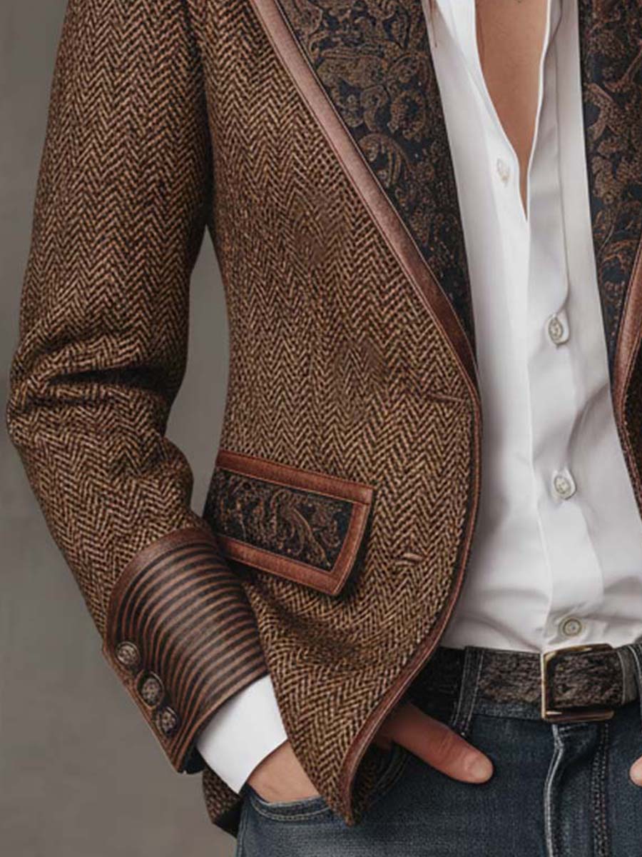 Blazer i sildebensmønster med printede paneler
