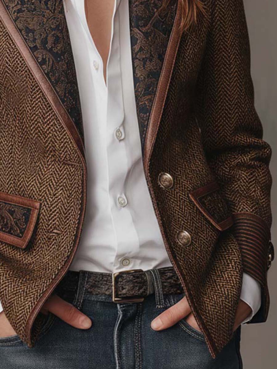 Blazer i sildebensmønster med printede paneler