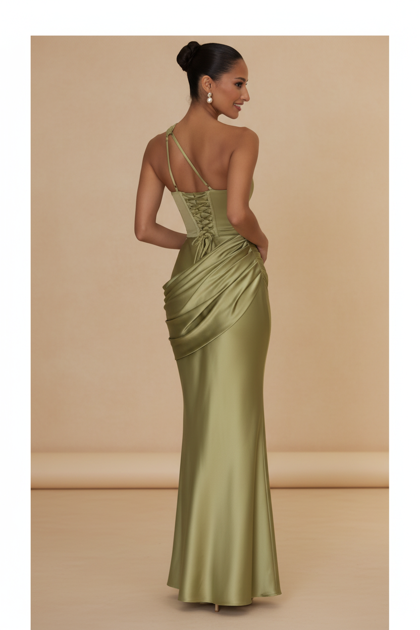 Aveline – Asymmetrisk maxikjole i satin, olivengrøn