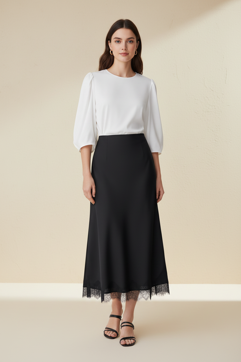 Noire – Elegant midinederdel med blondeeffekt
