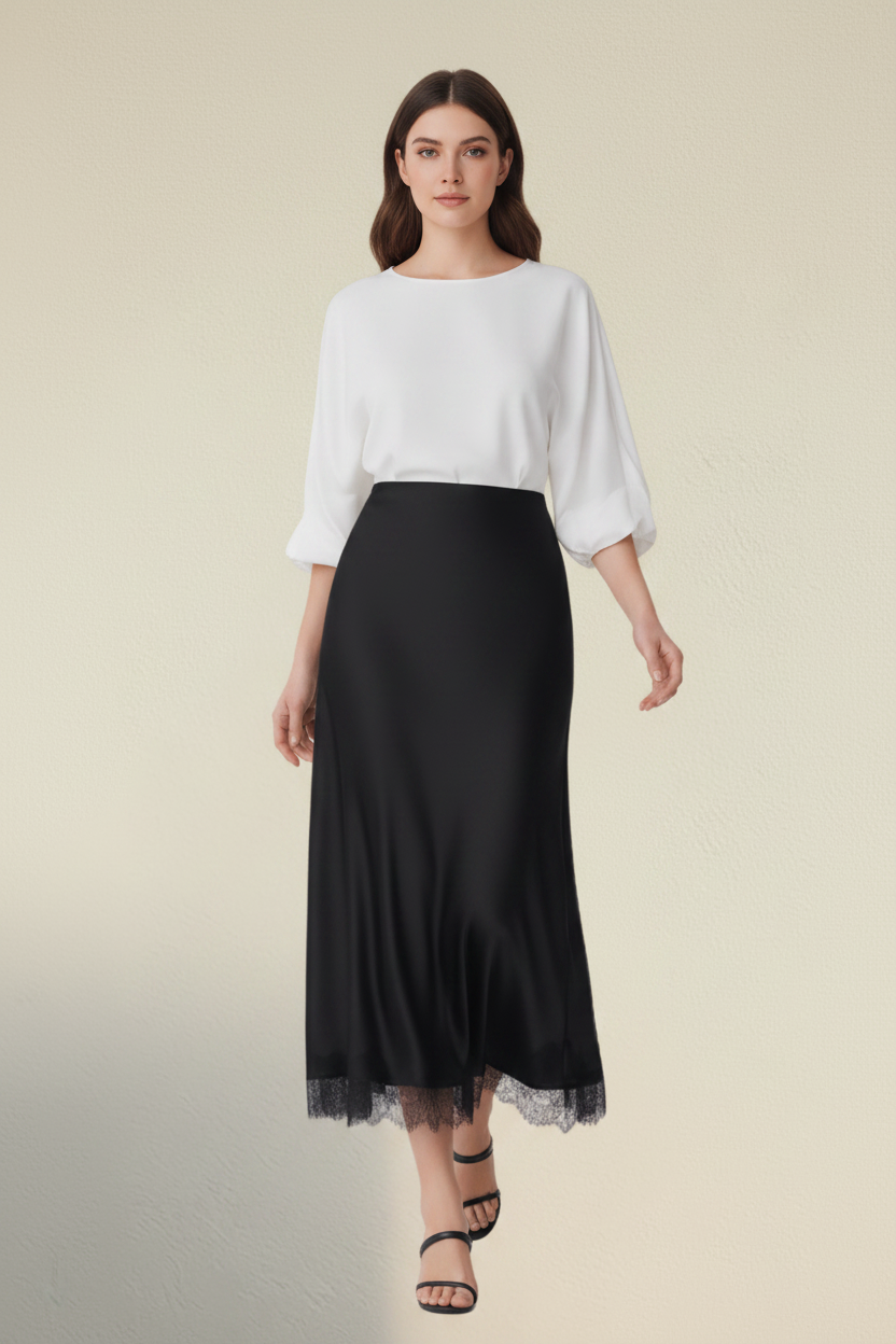 Noire – Elegant midinederdel med blondeeffekt