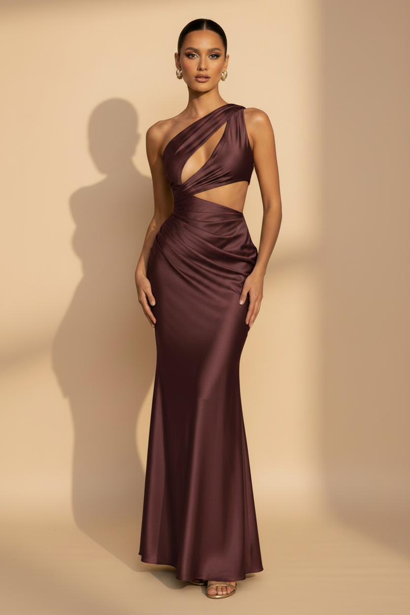Aveline | Asymmetrisk one shoulder-maxikjole i satin i bordeaux