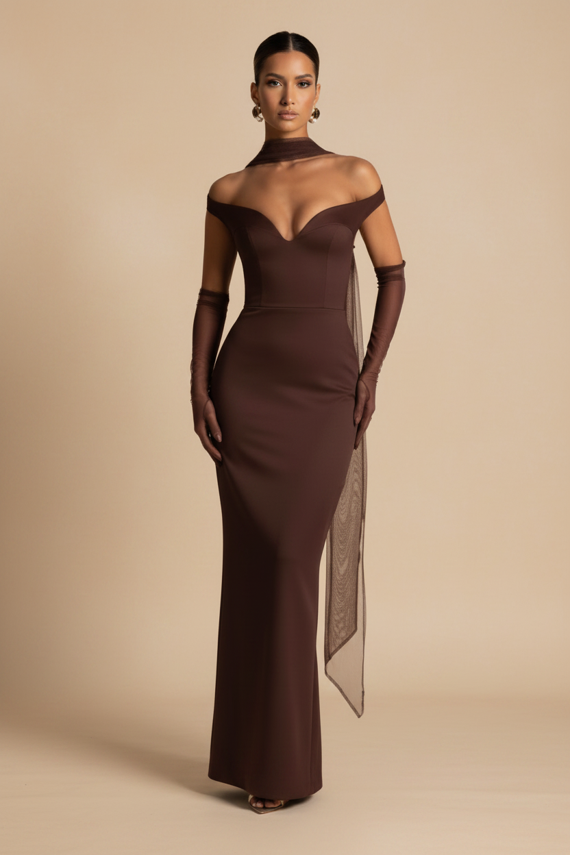 Selene | Off shoulder maxikjole i chokoladebrun