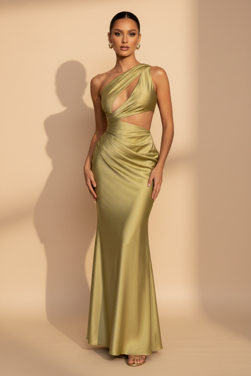 Aveline – Asymmetrisk maxikjole i satin, olivengrøn