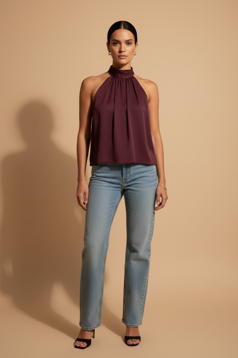 Elara — Flydende halterneck-top i bordeaux