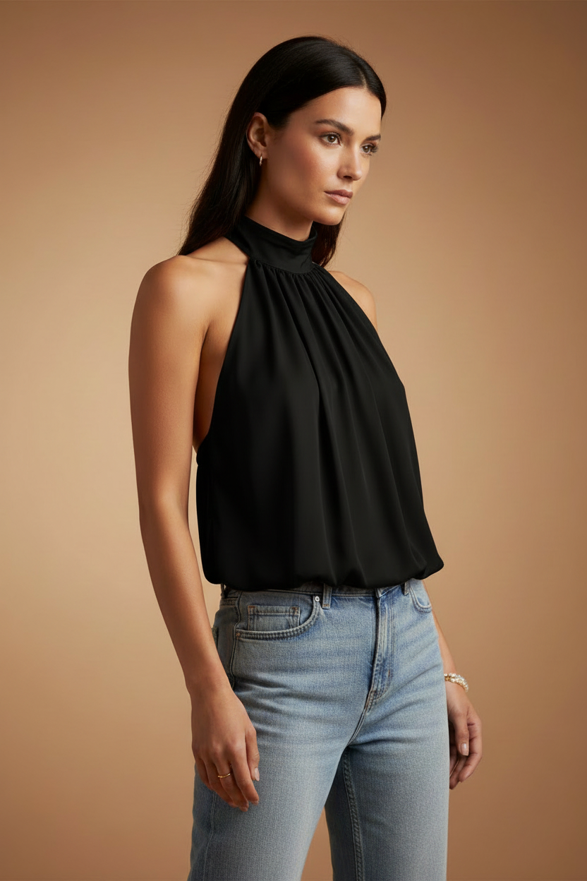 Elara — Flydende halterneck-top i sort