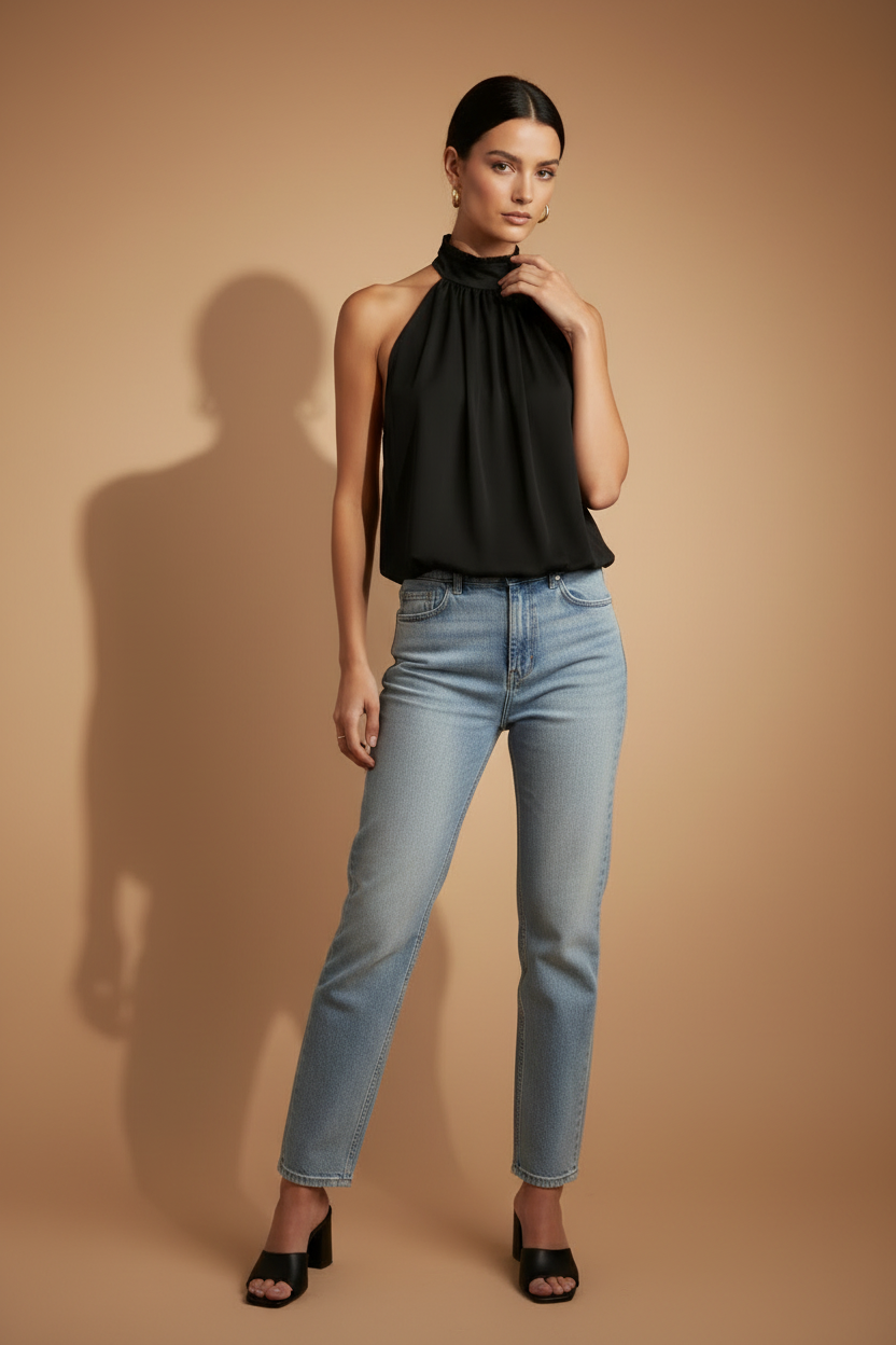 Elara — Flydende halterneck-top i sort