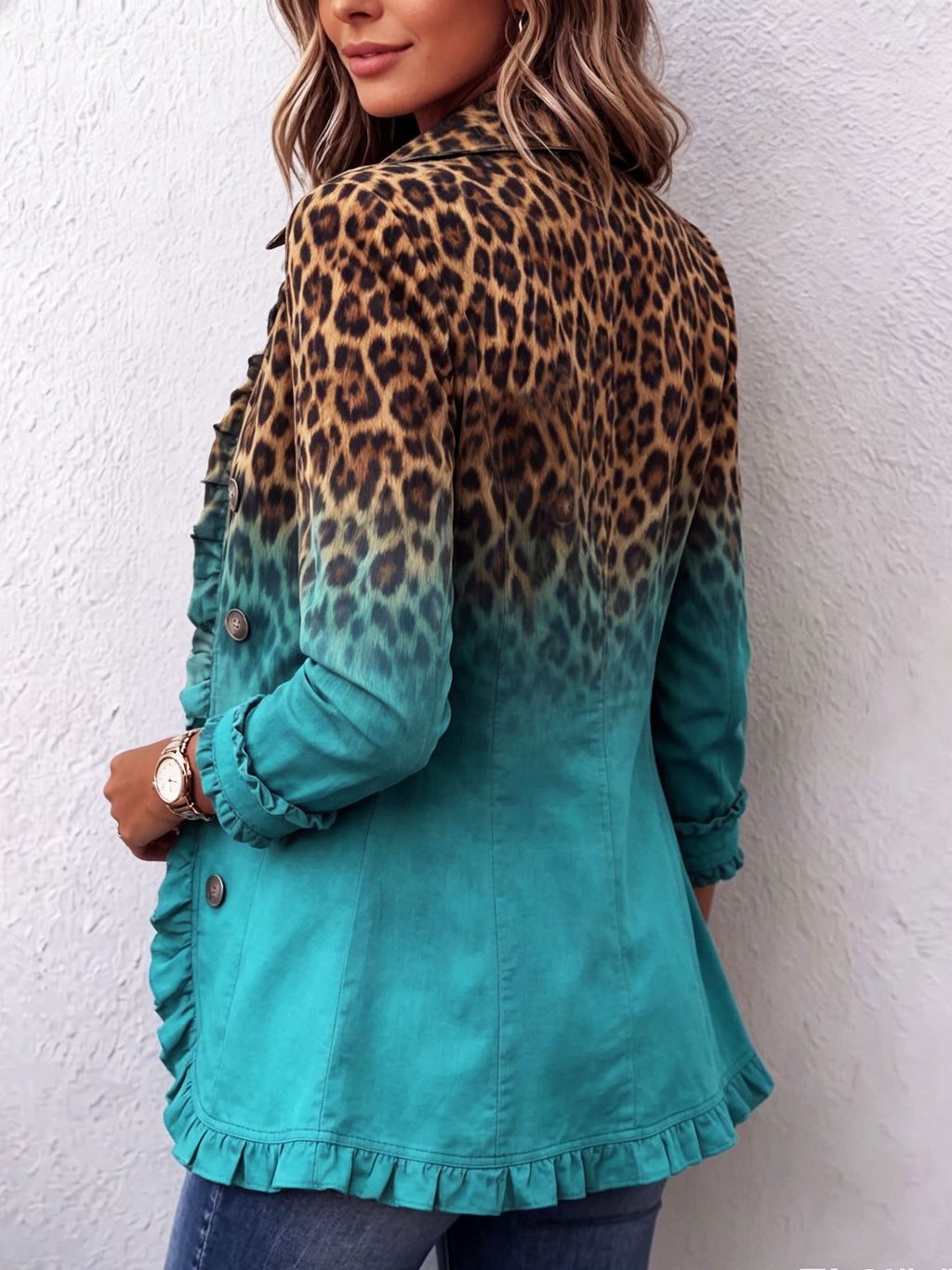 Elspeth – Blazerjakke med leopardmønster i ombré og flæser