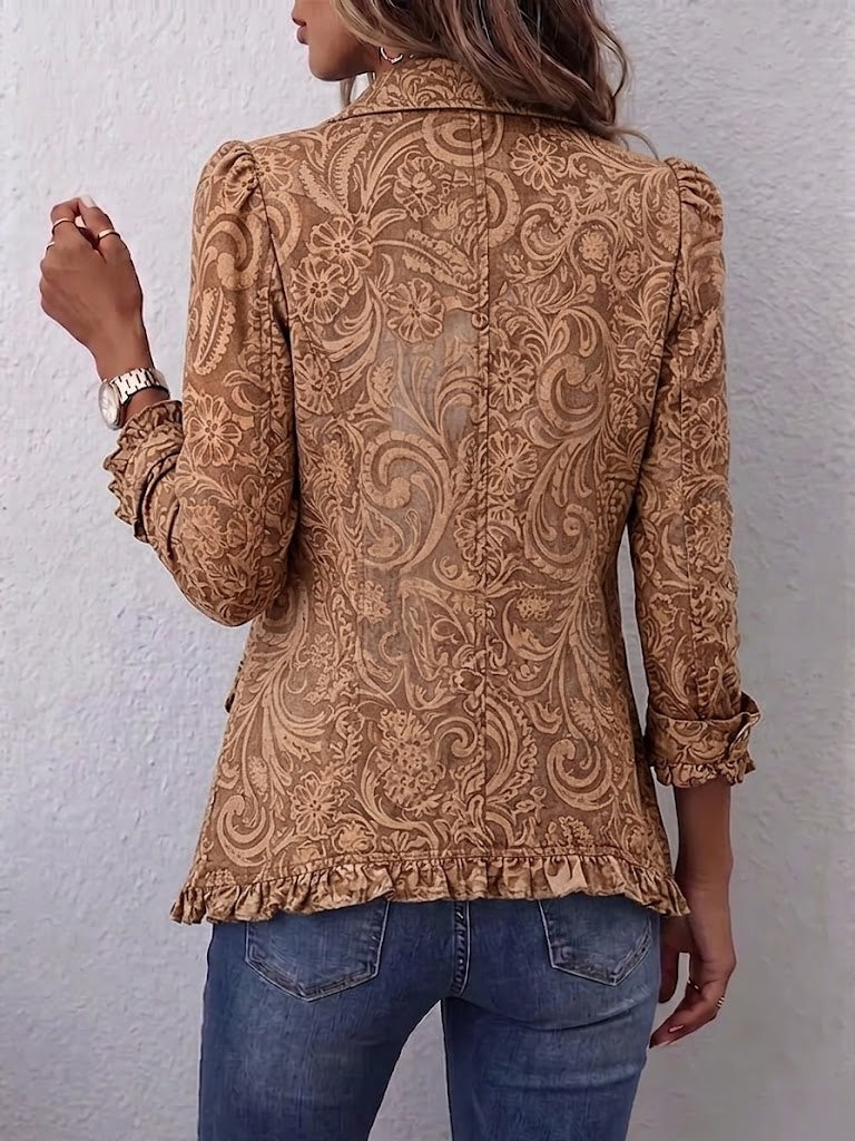 Vyclara – Vintage boheme-jakke med blomsterprint og flæser