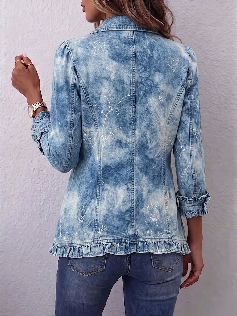 Jemison – Boho-jakke med vintage botanisk print i farveforløb og flæsedetaljer