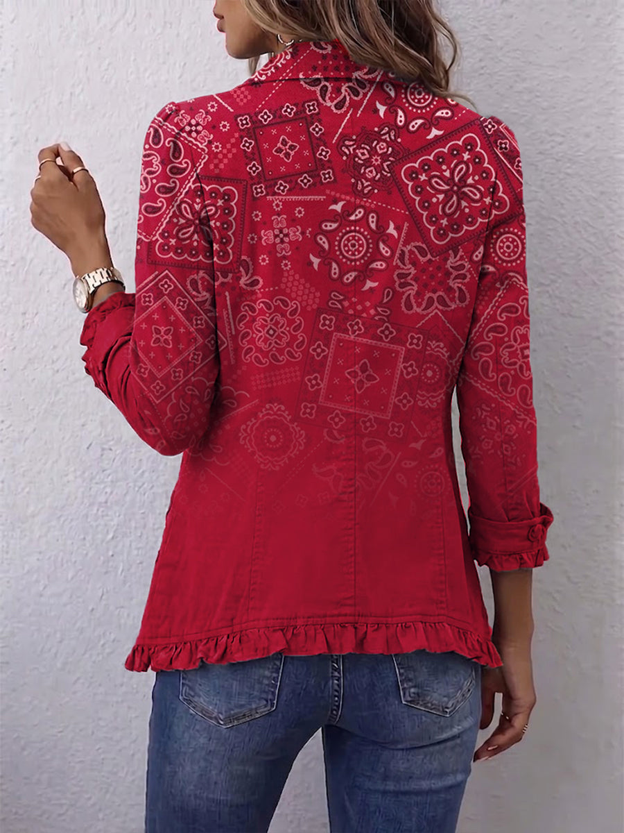 Criselle – Boheme-jakke med paisleyprint i ombré og flæser