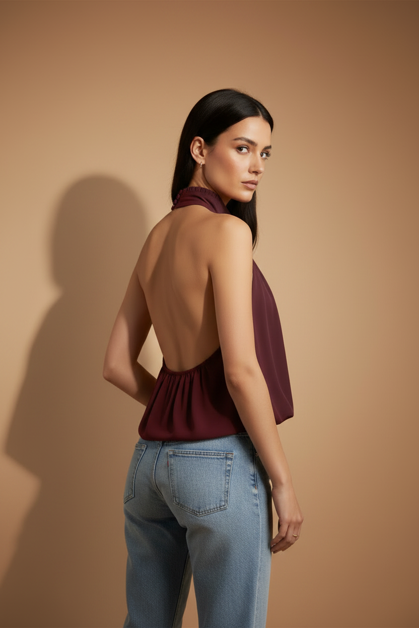 Elara — Flydende halterneck-top i bordeaux