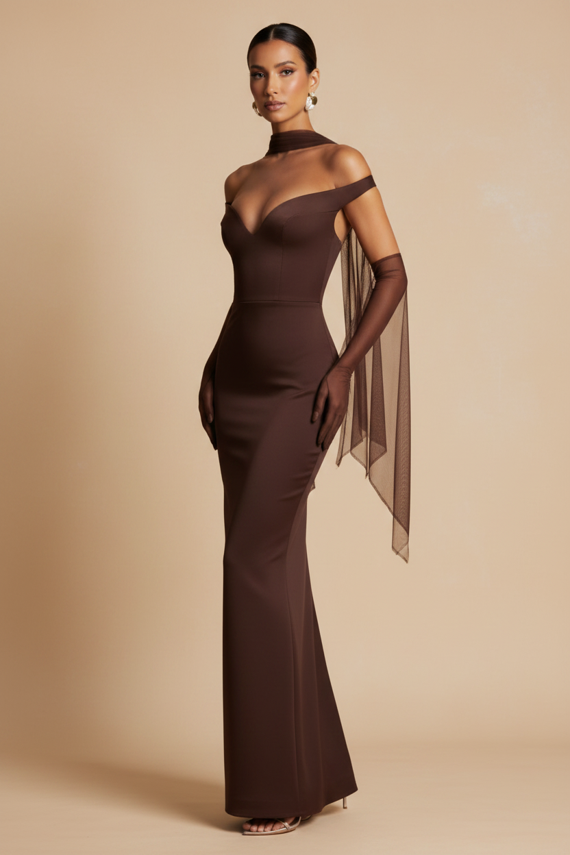 Selene | Off shoulder maxikjole i chokoladebrun