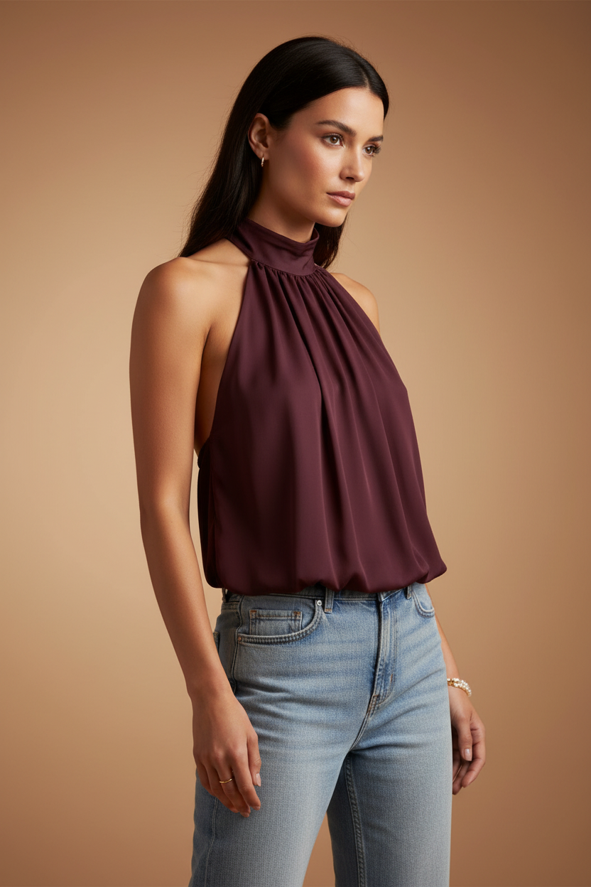 Elara — Flydende halterneck-top i bordeaux